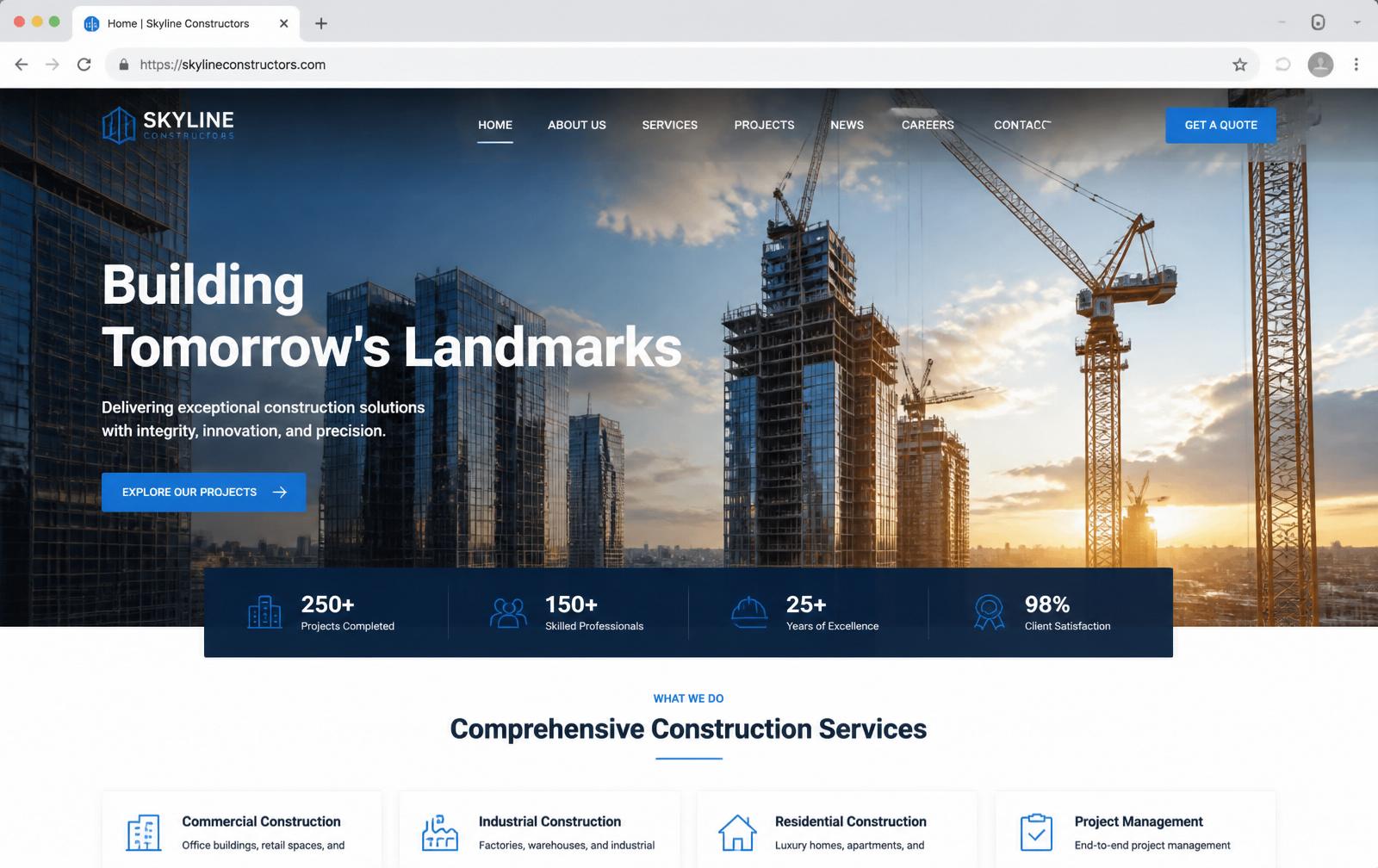 Construction company corporate website with hero image of a modern build site